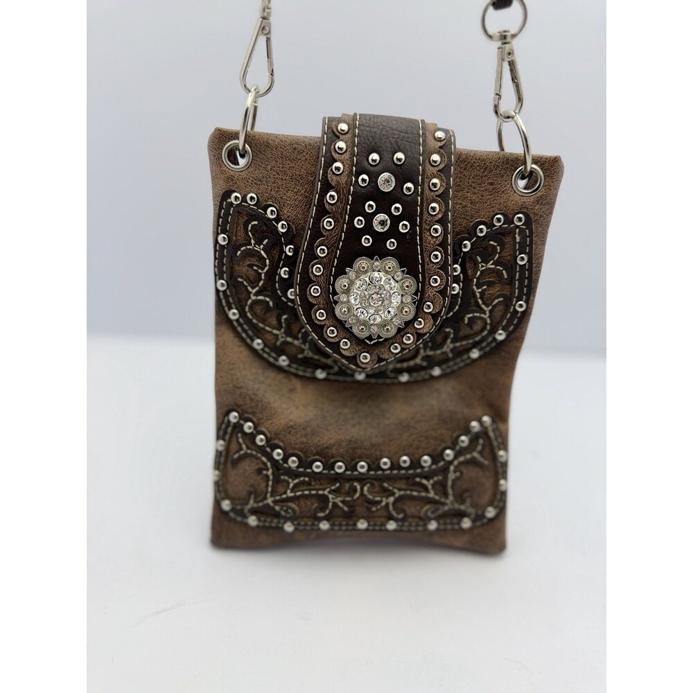 Western Tooled Crossbody Bag Brown Studded Rhinestone Concho Small Purse Boho